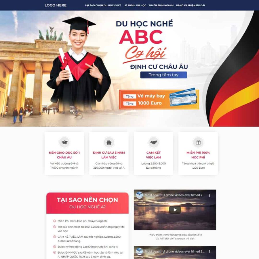 Mẫu website WordPress landing page du học nghề